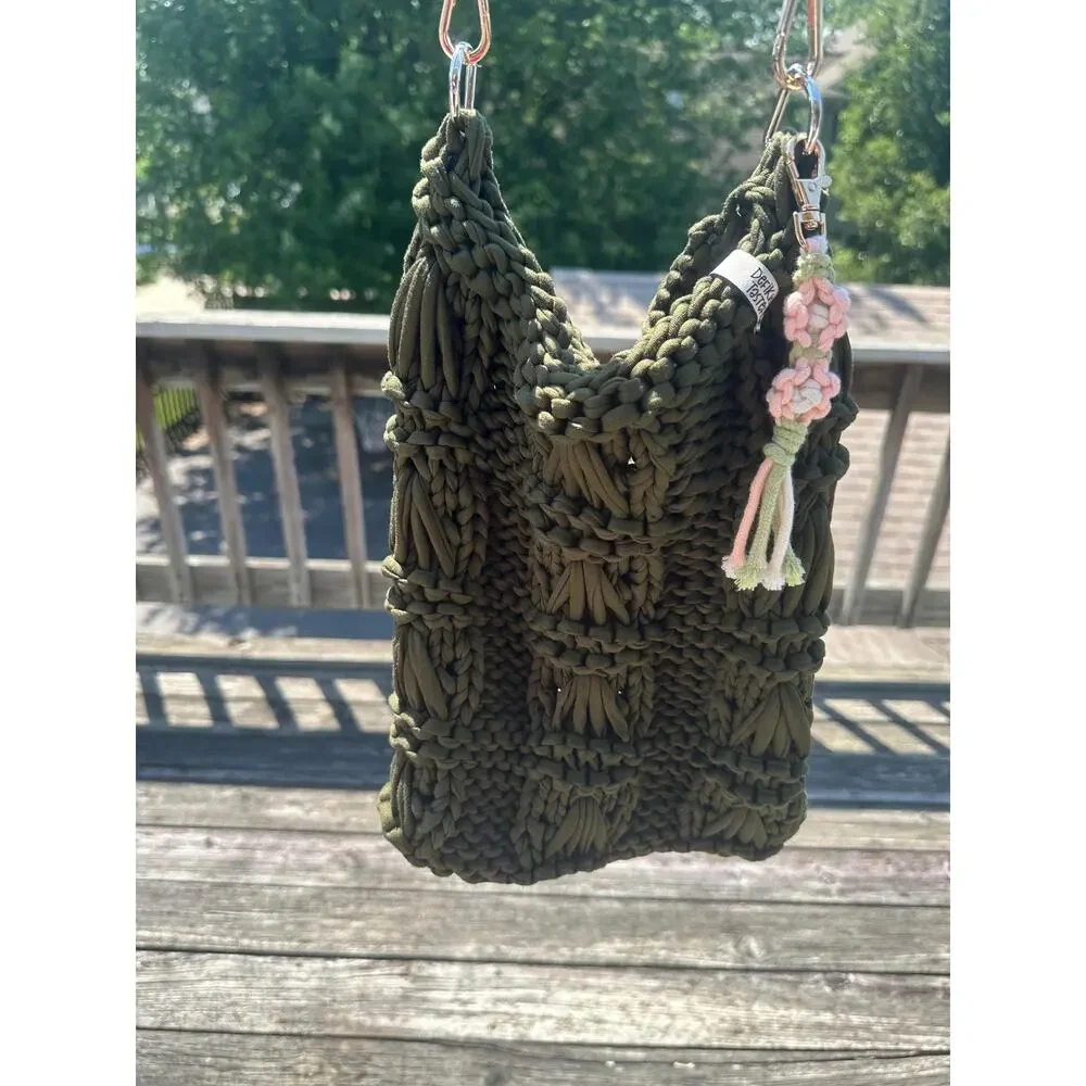 Hand Knit Olive T-Shirt Yarn Crossbody Bag: Guitar Strap Purse